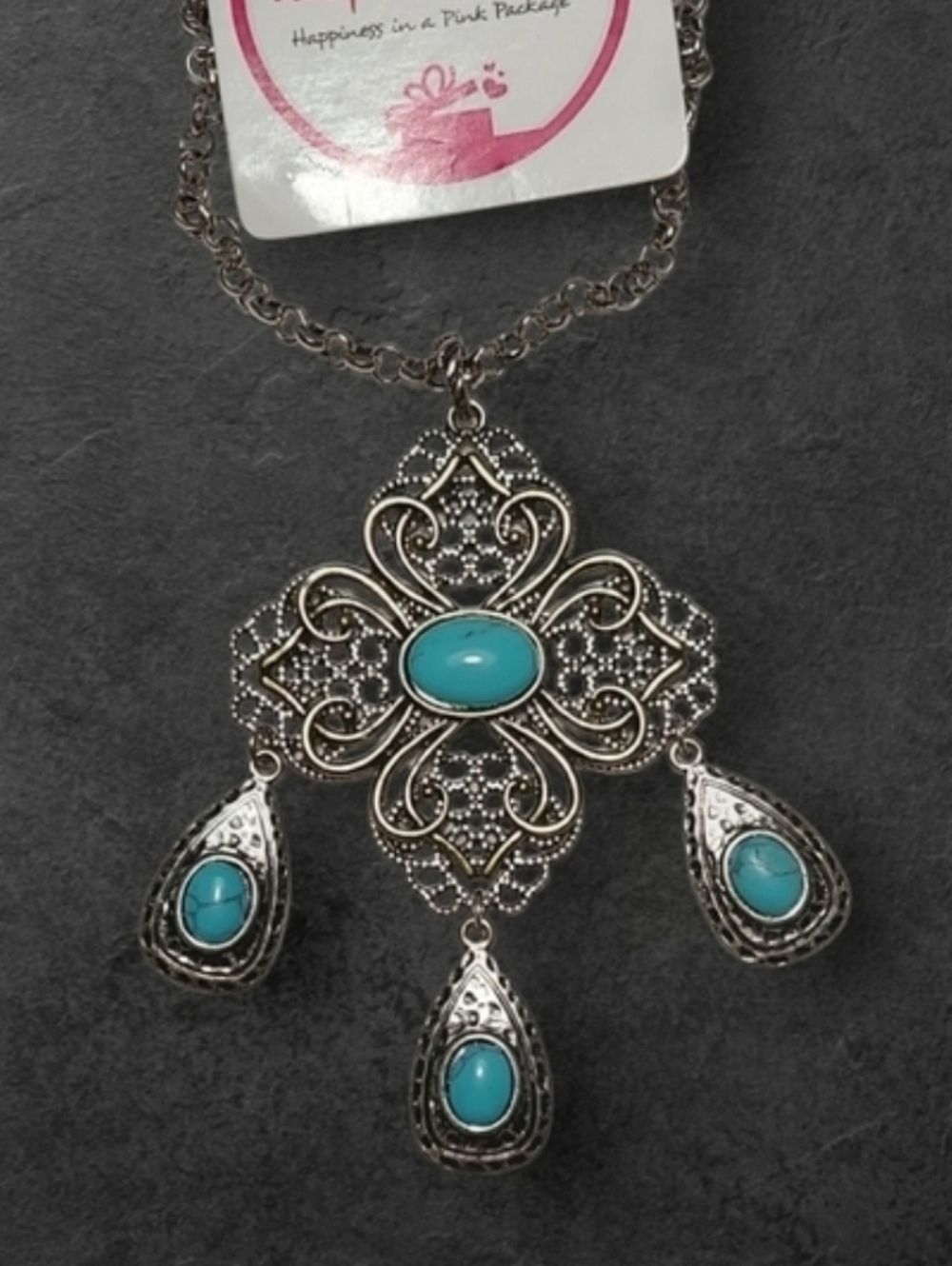 NWT Nadine West Intricate Antique Silver and Faux Turquoise Necklace ~23" - Picture 3 of 3